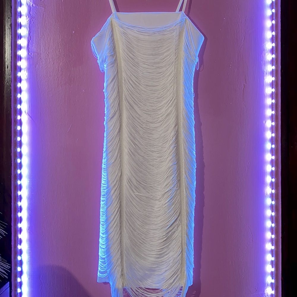 Watch Me Shake It Fringe Mini Dress - White